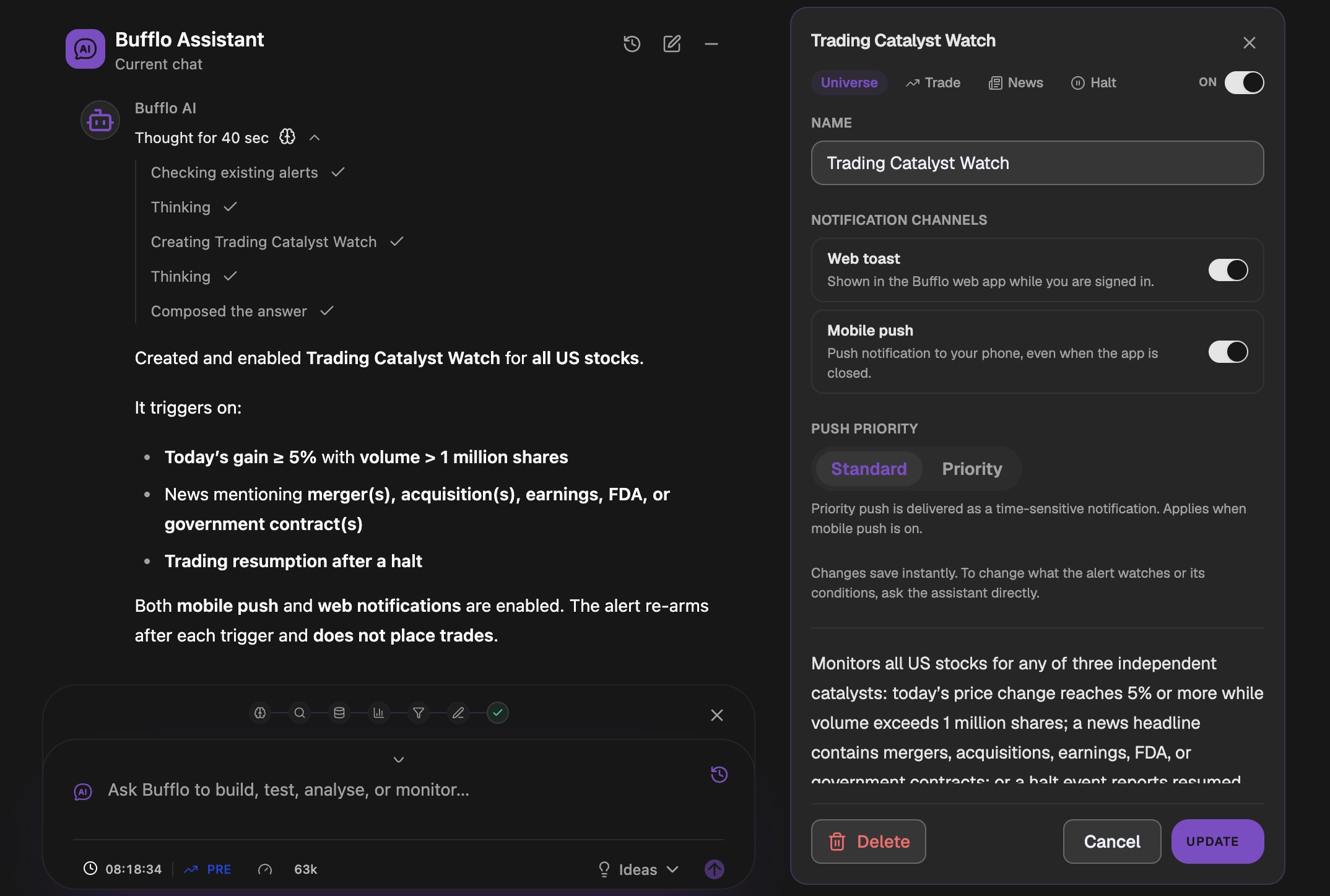 Bufflo Assistant creating a real-time market alert with price, news, and trading-halt conditions