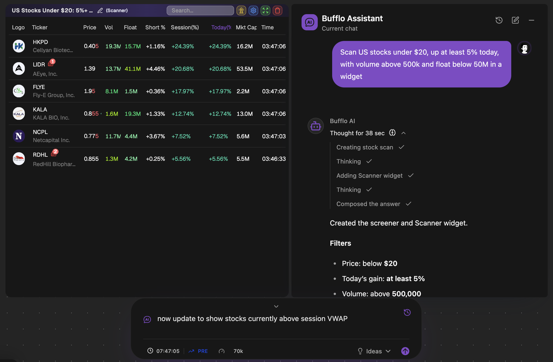 Bufflo Assistant turning plain-English momentum rules into a live stock scanner table