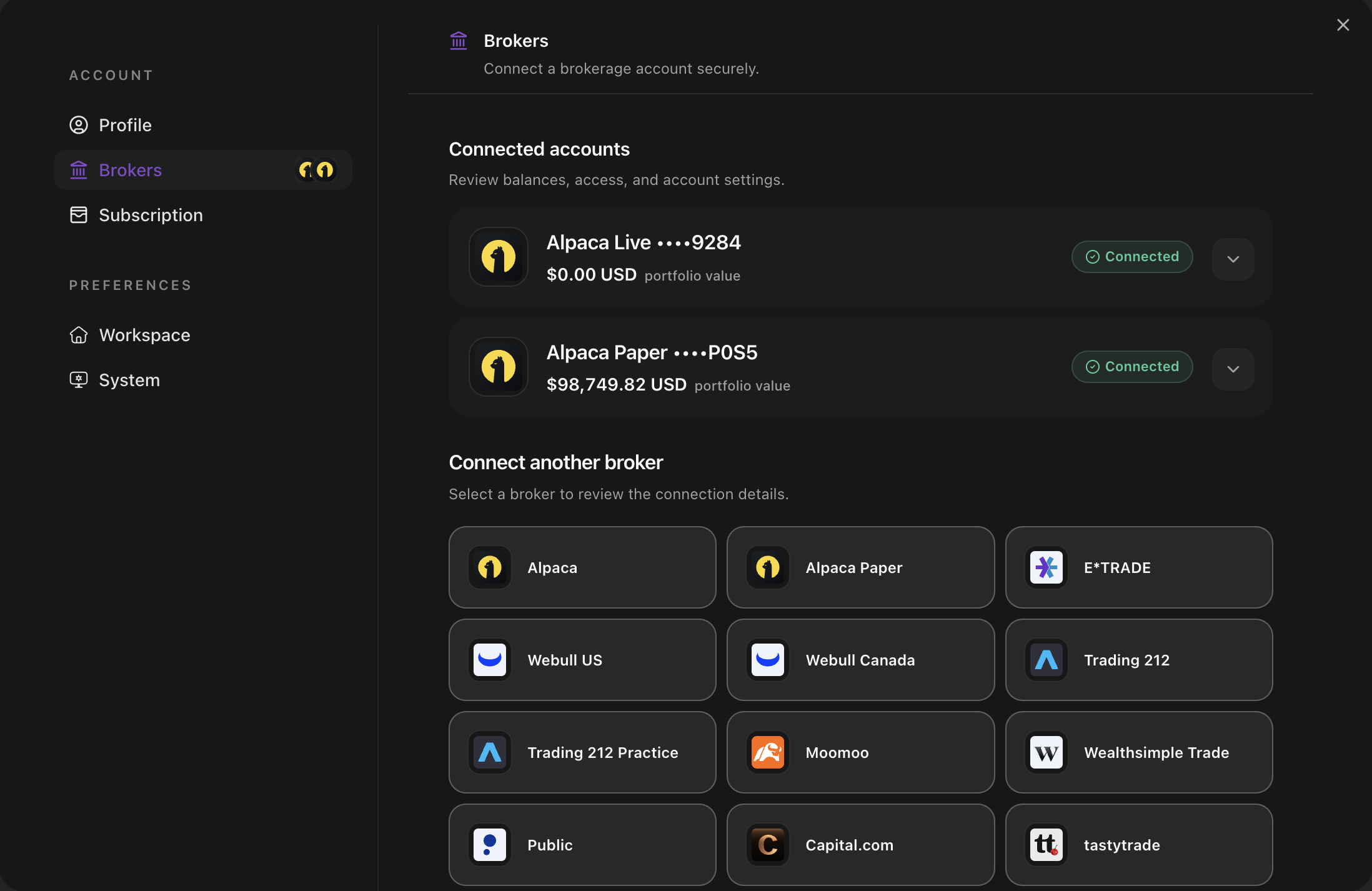Bufflo multi-broker trading workspace with connected brokerage accounts